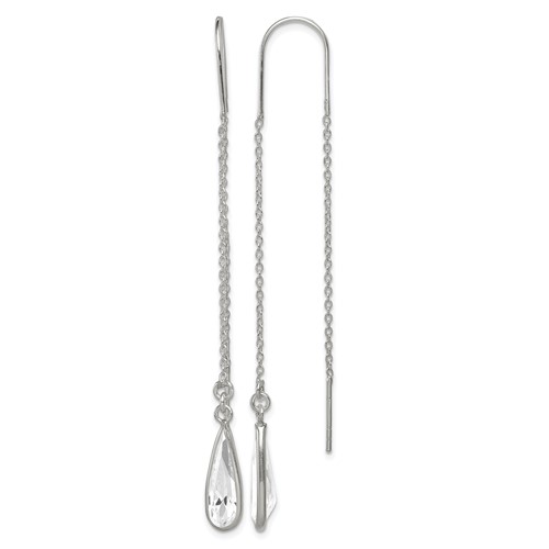 Sterling Silver Polished Crystal Teardrop Threader Earrings