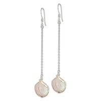 Sterling Silver Polished White 12-13mm Coin Freshwater Cultured Pearl Dangle Earrings view 2
