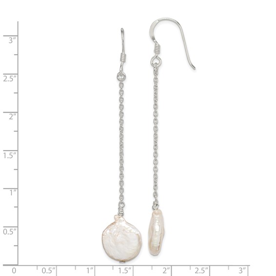 Sterling Silver Polished White 12-13mm Coin Freshwater Cultured Pearl Dangle Earrings