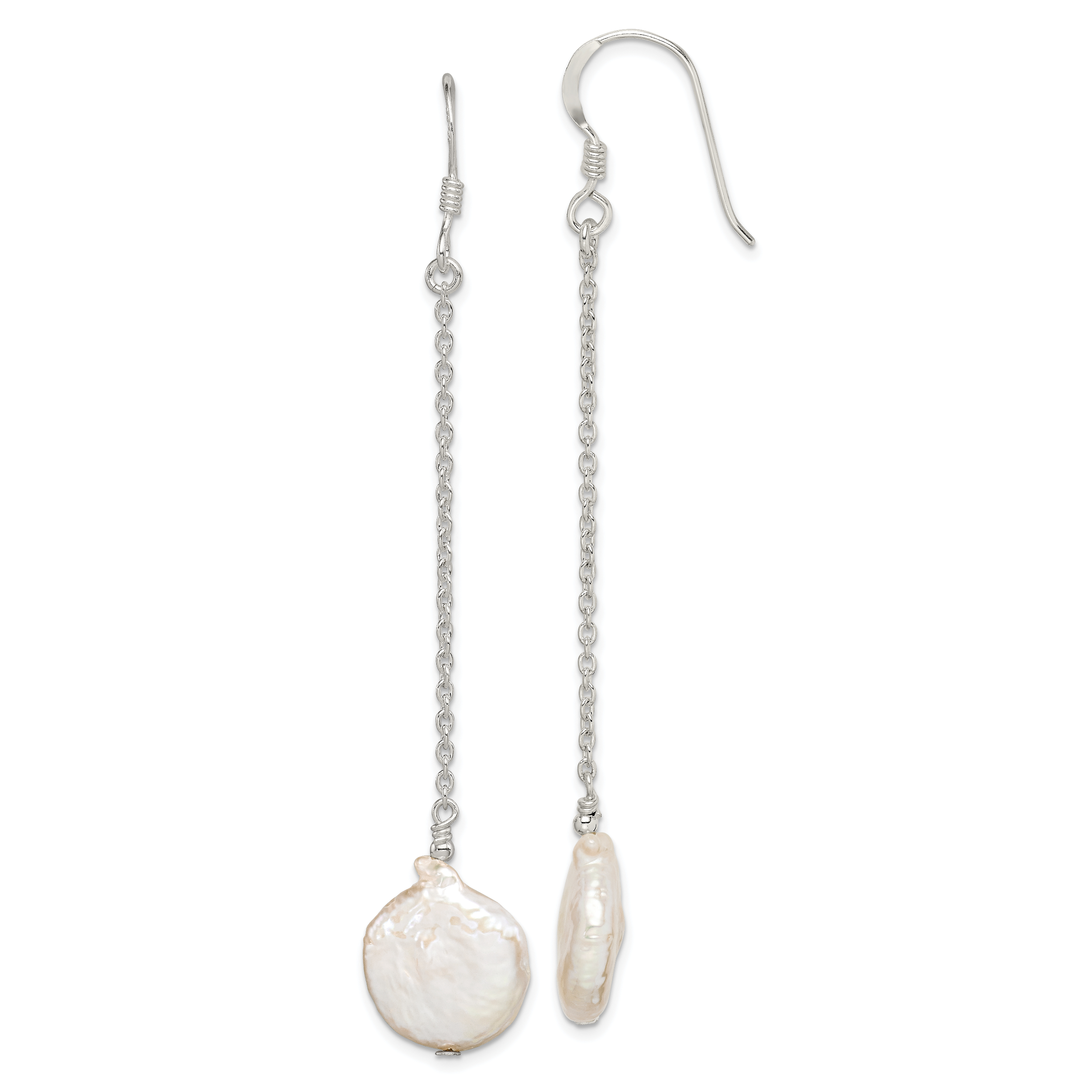 Sterling Silver Polished White 12-13mm Coin Freshwater Cultured Pearl Dangle Earrings (QE2098)