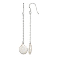 Sterling Silver Polished White 12-13mm Coin Freshwater Cultured Pearl Dangle Earrings view 1