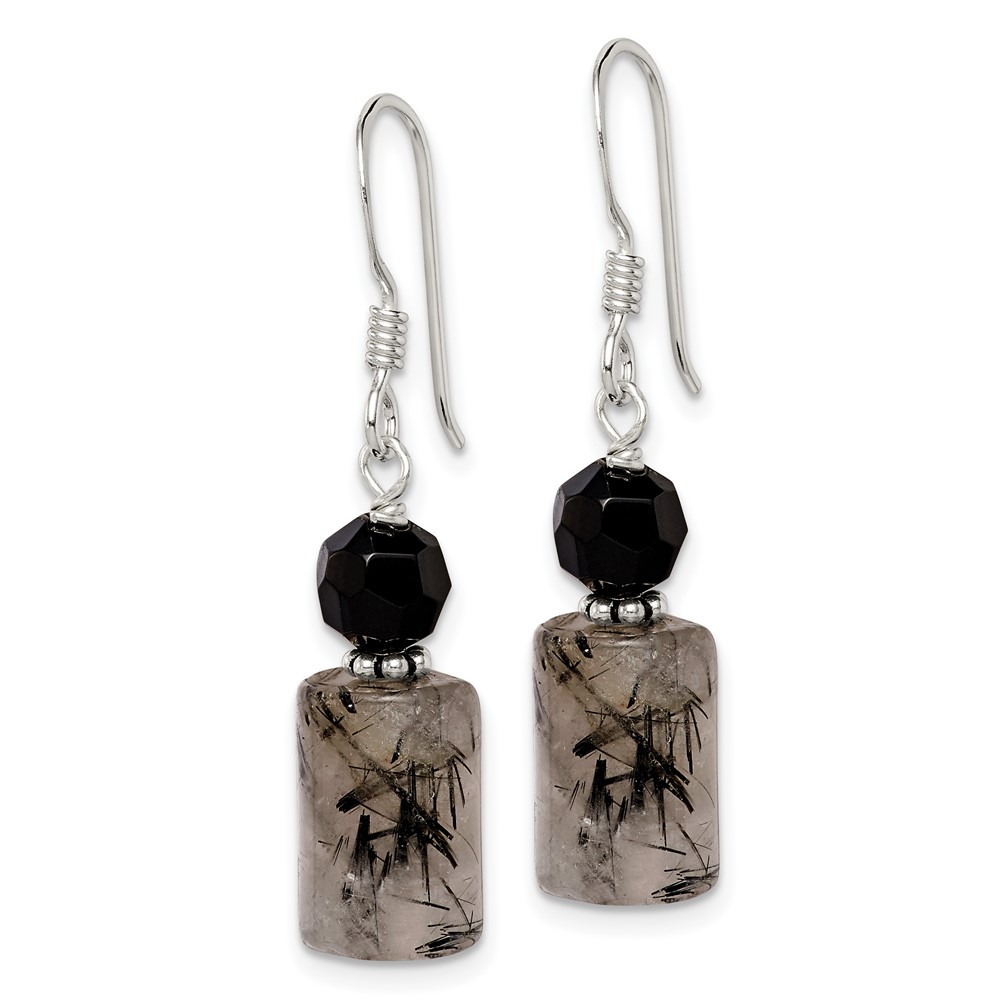 Sterling Silver Polished & Antiqued Black Crystal & Tourmalinated Quartz Dangle Earrings (QE2194)