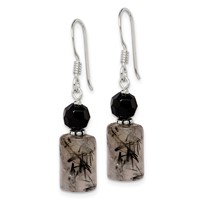 Sterling Silver Polished & Antiqued Black Crystal & Tourmalinated Quartz Dangle Earrings view 2