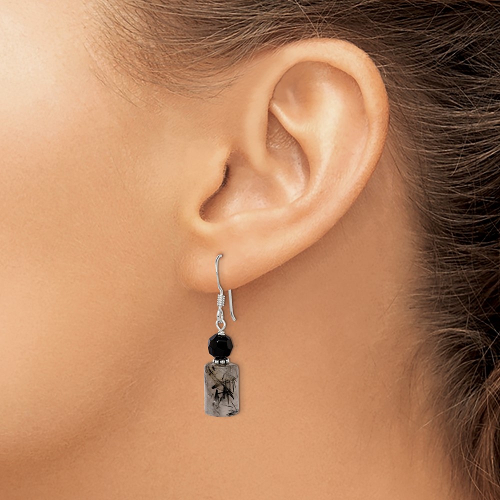 Sterling Silver Polished & Antiqued Black Crystal & Tourmalinated Quartz Dangle Earrings (QE2194)