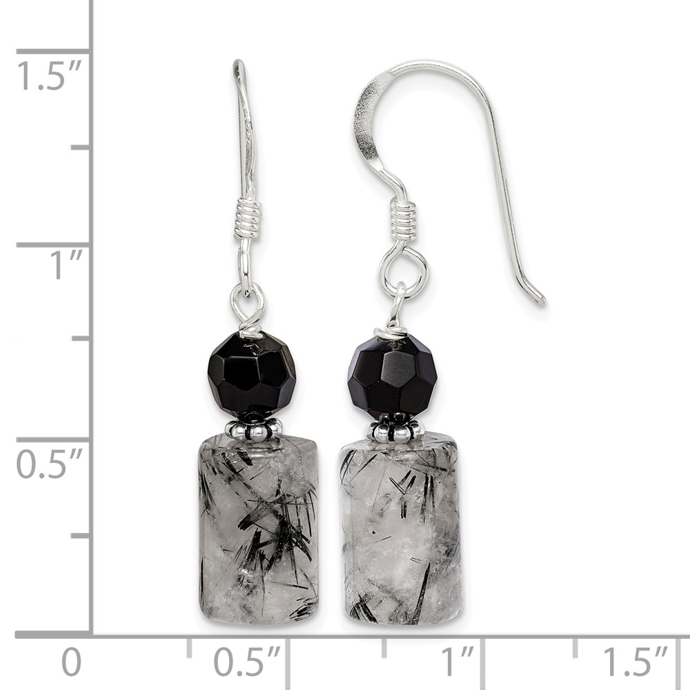 Sterling Silver Polished & Antiqued Black Crystal & Tourmalinated Quartz Dangle Earrings (QE2194)