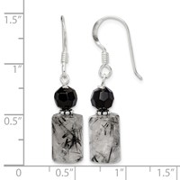 Sterling Silver Polished & Antiqued Black Crystal & Tourmalinated Quartz Dangle Earrings view 4