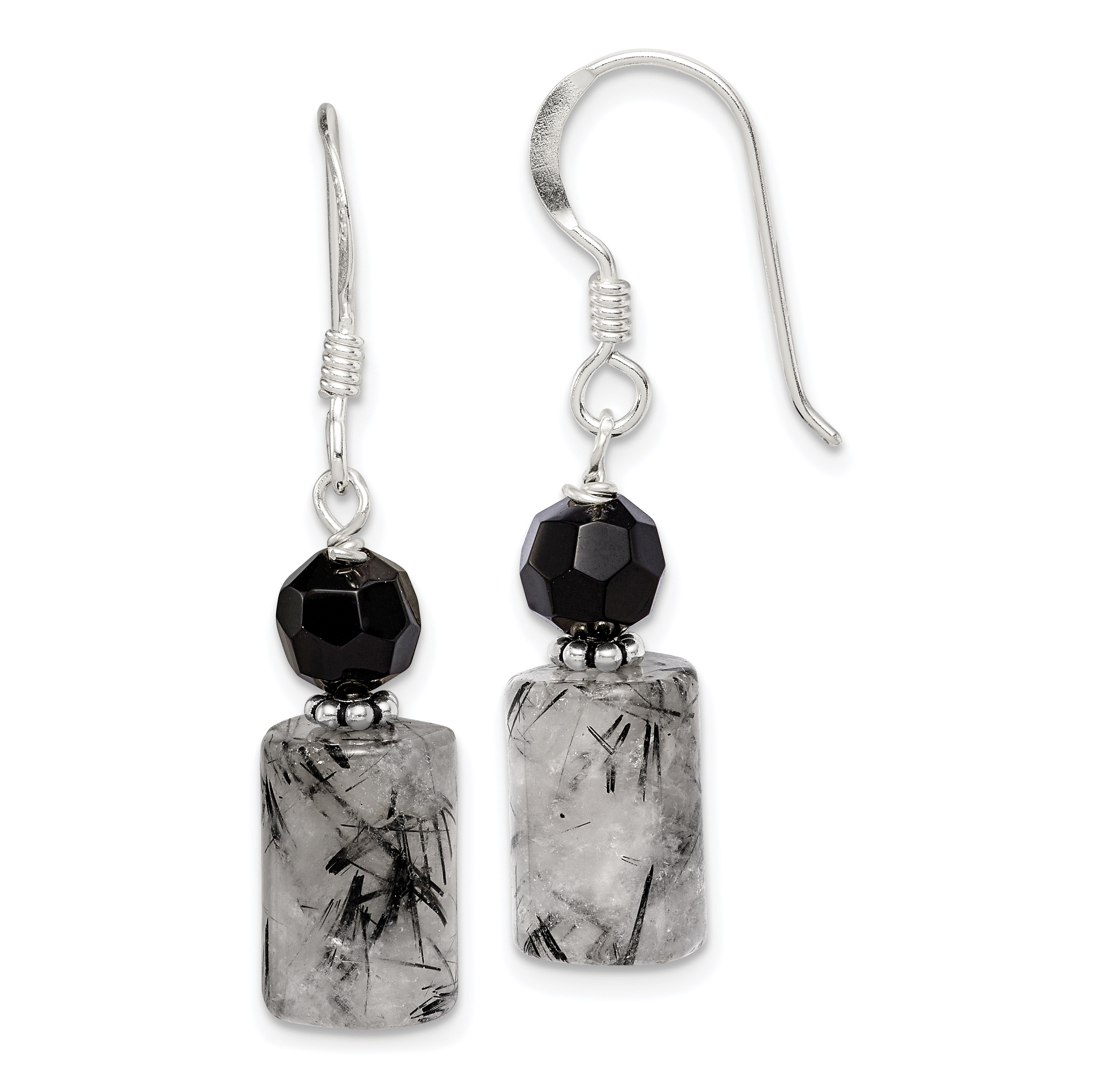 Sterling Silver Polished & Antiqued Black Crystal & Tourmalinated Quartz Dangle Earrings (QE2194)