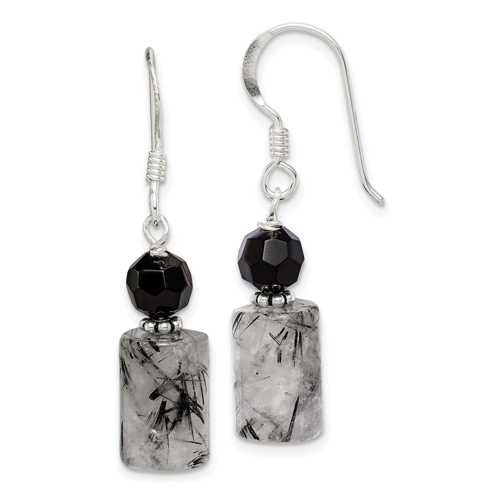 Sterling Silver Polished & Antiqued Black Crystal & Tourmalinated Quartz Dangle Earrings (QE2194)