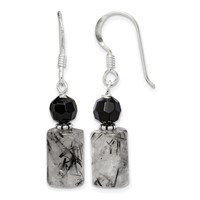 Sterling Silver Polished & Antiqued Black Crystal & Tourmalinated Quartz Dangle Earrings view 1