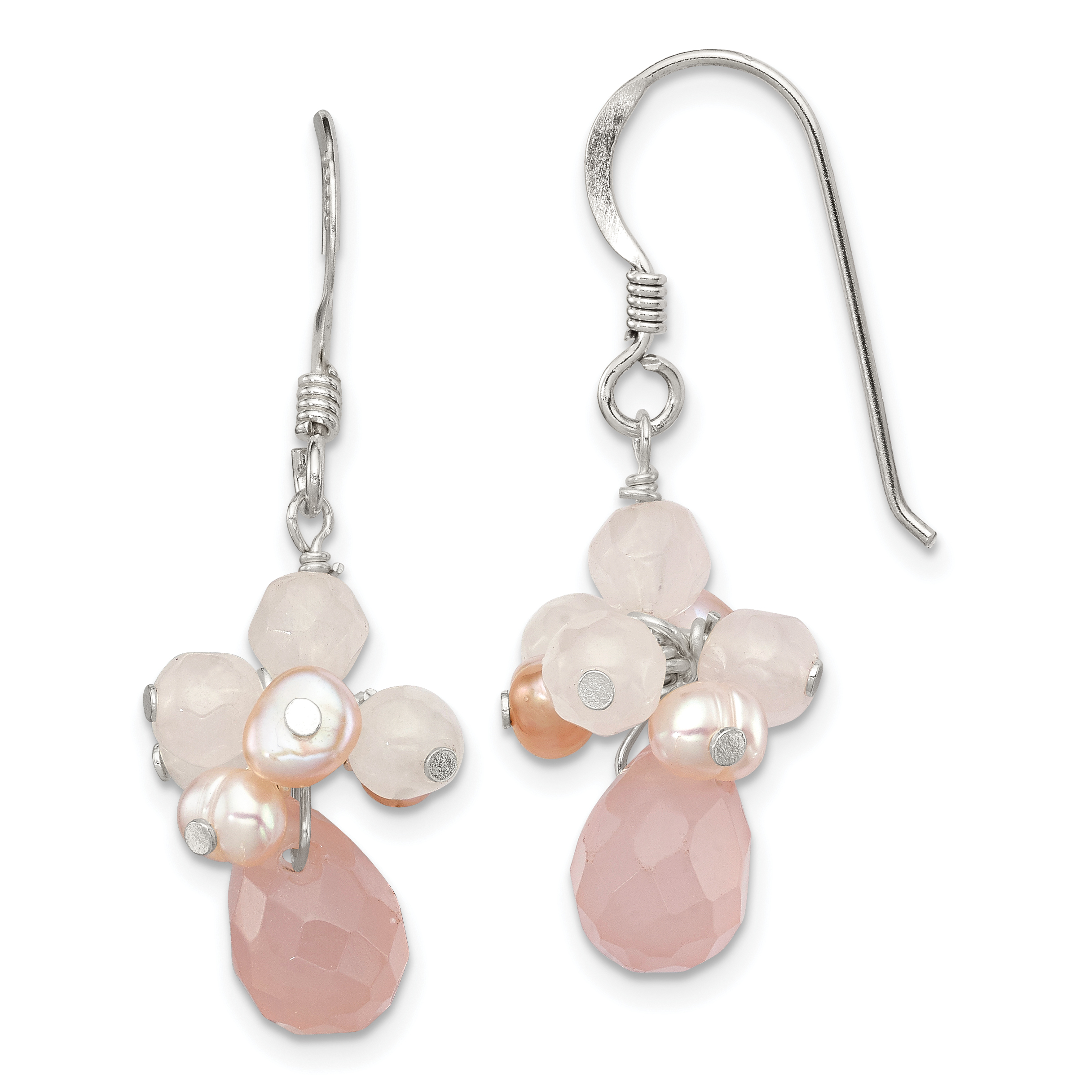 Sterling Silver Rose Quartz and Pink Freshwater Cultured Pearl Dangle Earrings (QE2209)