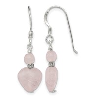 Sterling Silver Polished & Antiqued Rose Quartz Heart Dangle Earrings view 1