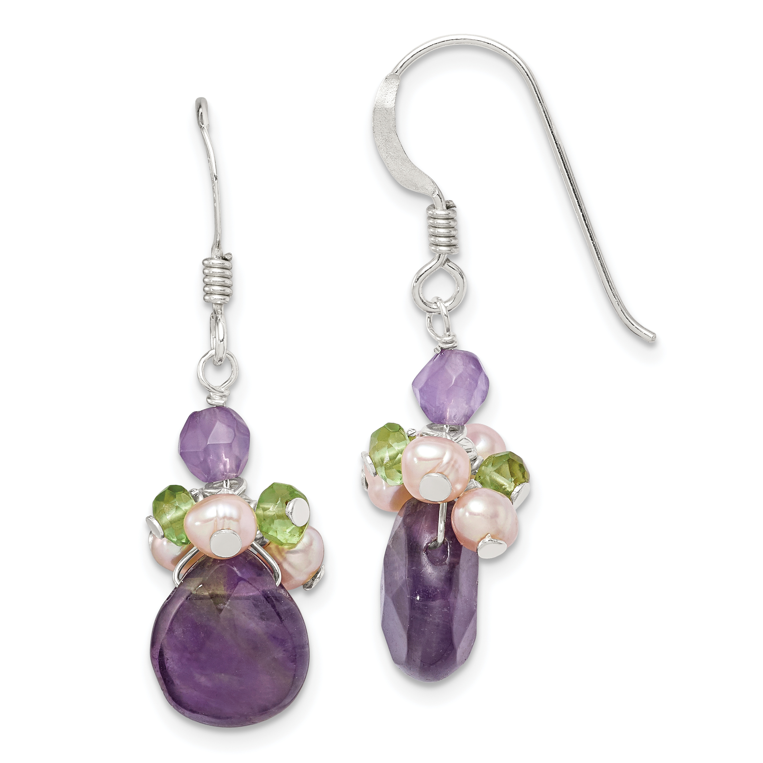 Sterling Silver Amethyst, Peridot & Peach FWC Pearl Dangle Earrings (QE2326)