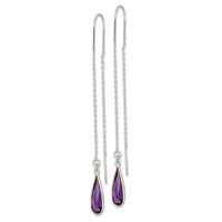 Sterling Silver Polished Purple CZ Teardrop Threader Earrings view 2