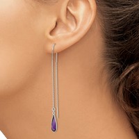 Sterling Silver Polished Purple CZ Teardrop Threader Earrings view 3