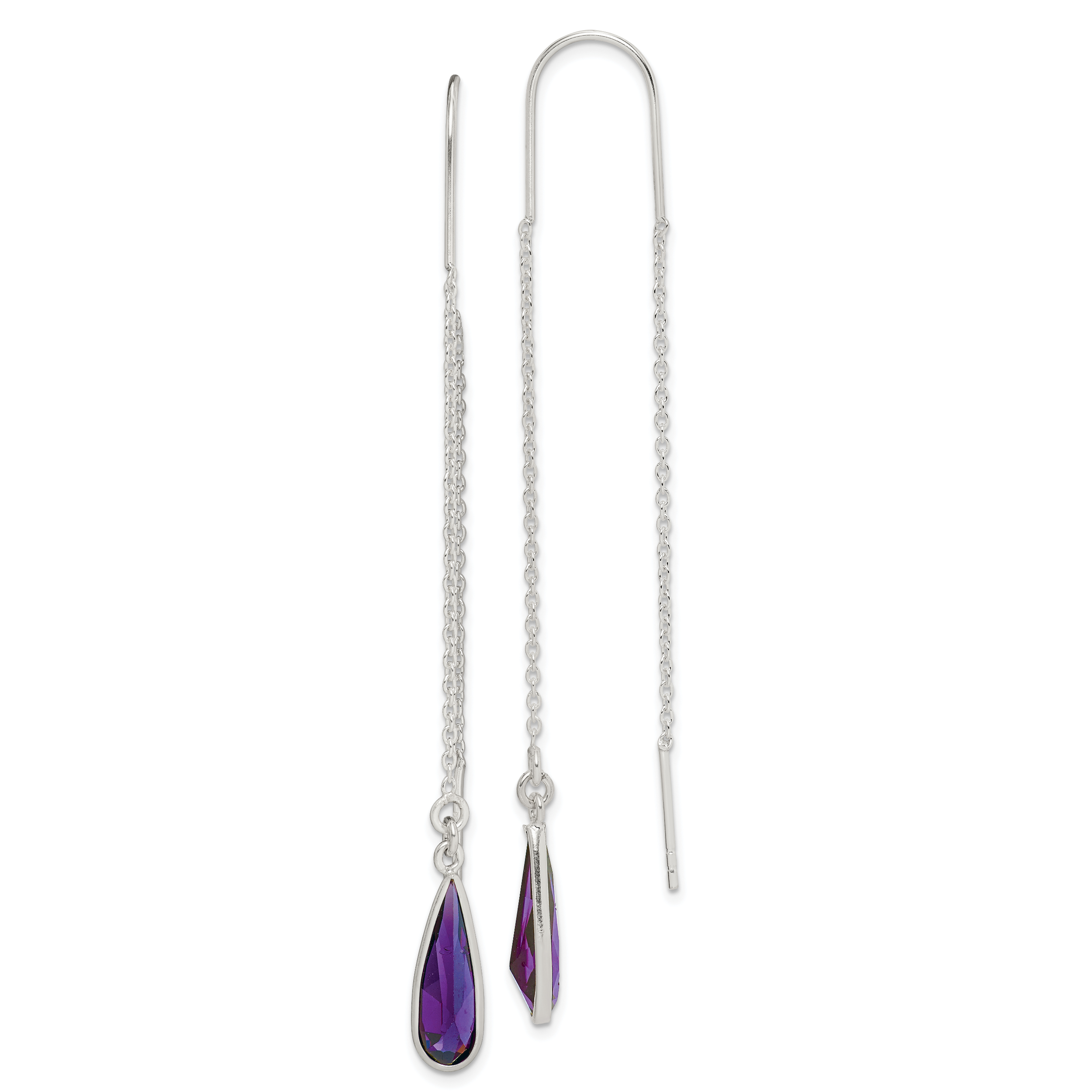 Sterling Silver Polished Purple CZ Teardrop Threader Earrings (QE2332)