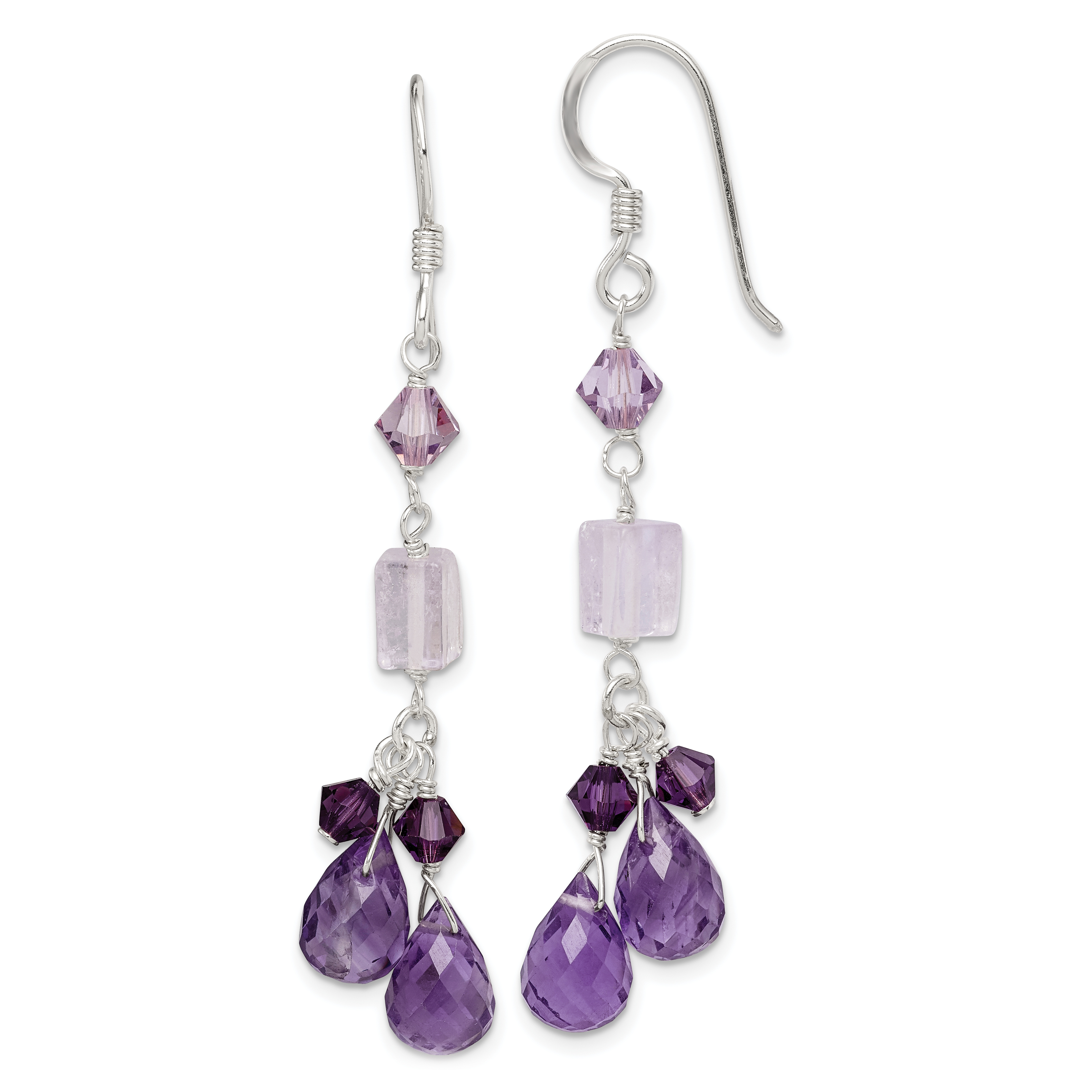 Sterling Silver Polished Amethyst, Lavender Quartz & Crystal Dangle Earrings (QE2348)