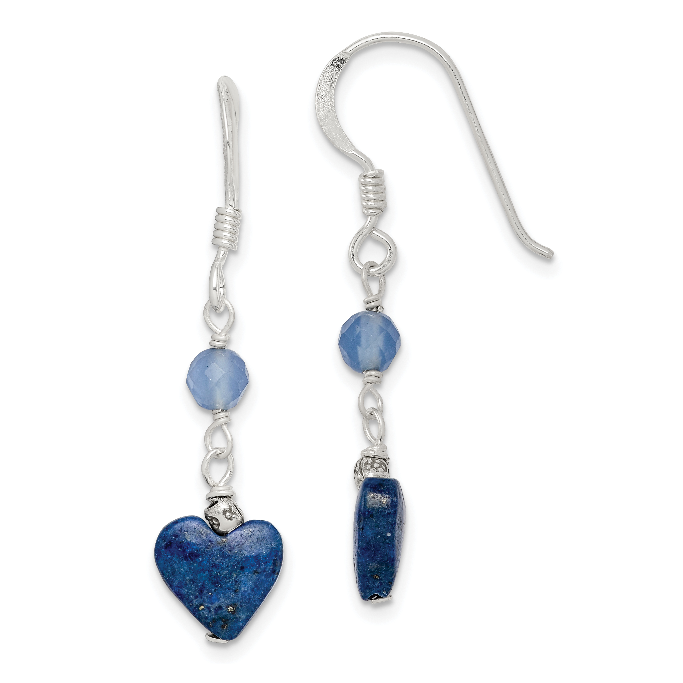 Sterling Silver Polished & Antiqued Blue Agate & Lapis Heart Dangle Earring (QE2571)