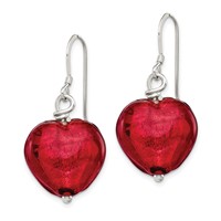 Sterling Silver Red Murano Glass Heart Dangle Earrings view 2