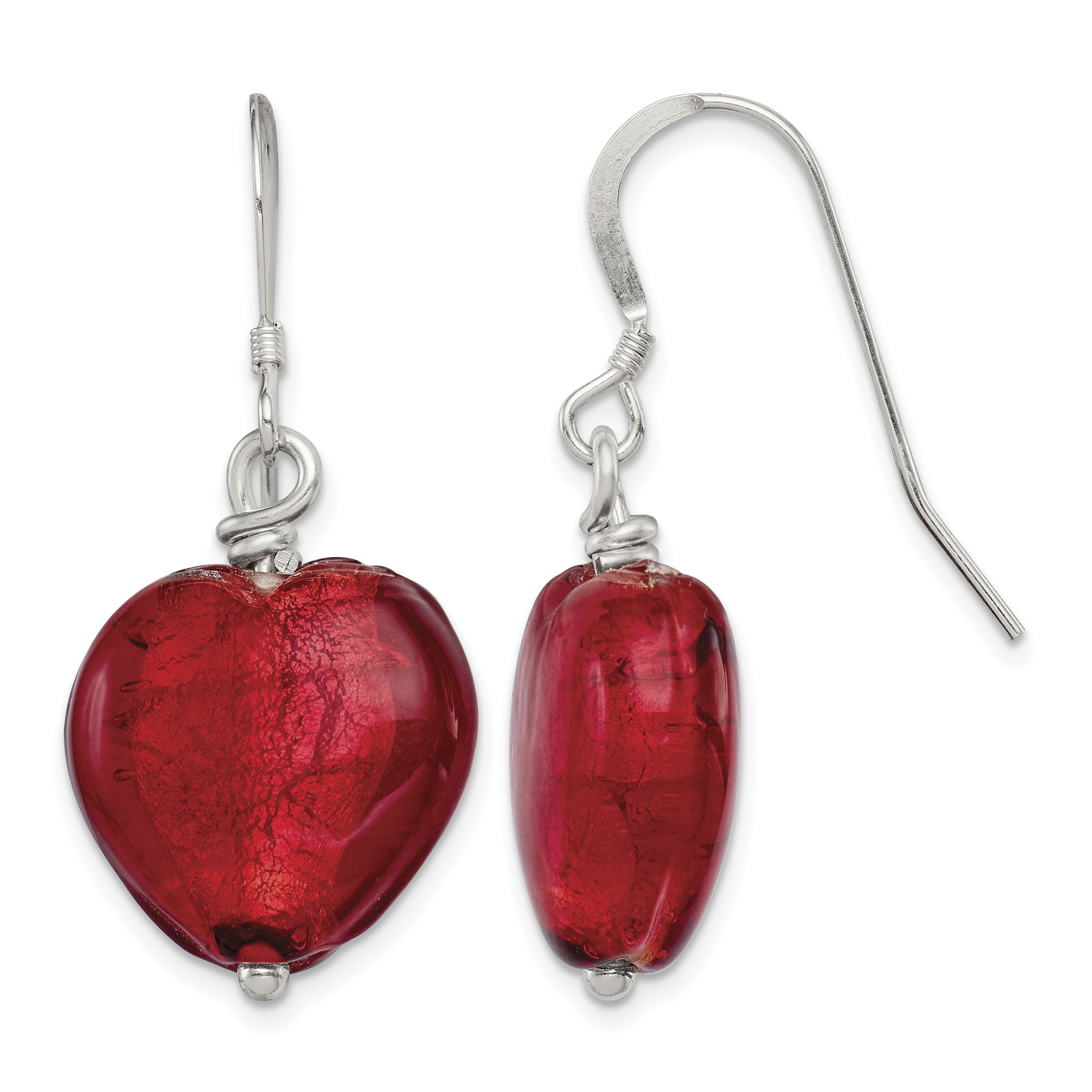 Sterling Silver Red Murano Glass Heart Dangle Earrings (QE2873)