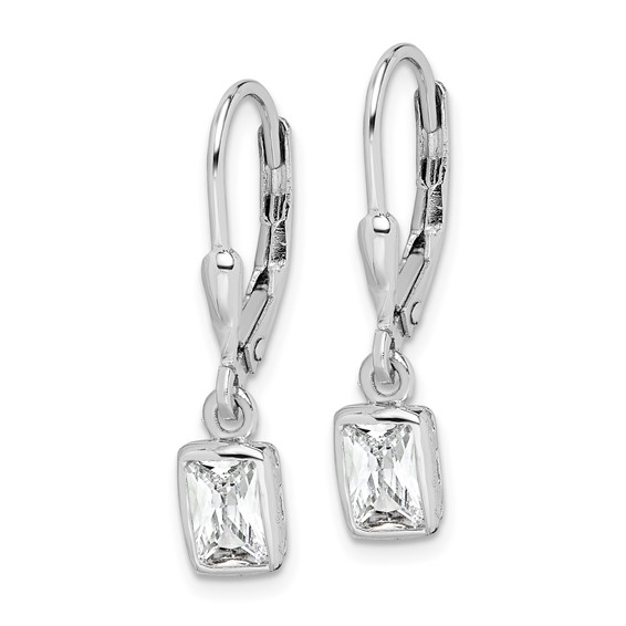 Sterling Silver Rhodium-plated Emerald-cut 6x4mm CZ Leverback Earrings
