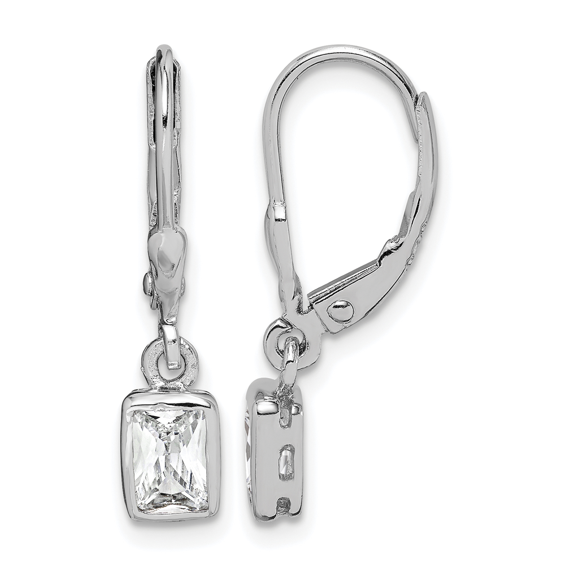 Sterling Silver Rhodium-plated Emerald-cut 6x4mm CZ Leverback Earrings (QE289)