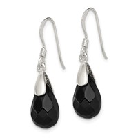 Sterling Silver Polished Faceted Onyx Teardrop Dangle Earrings view 2