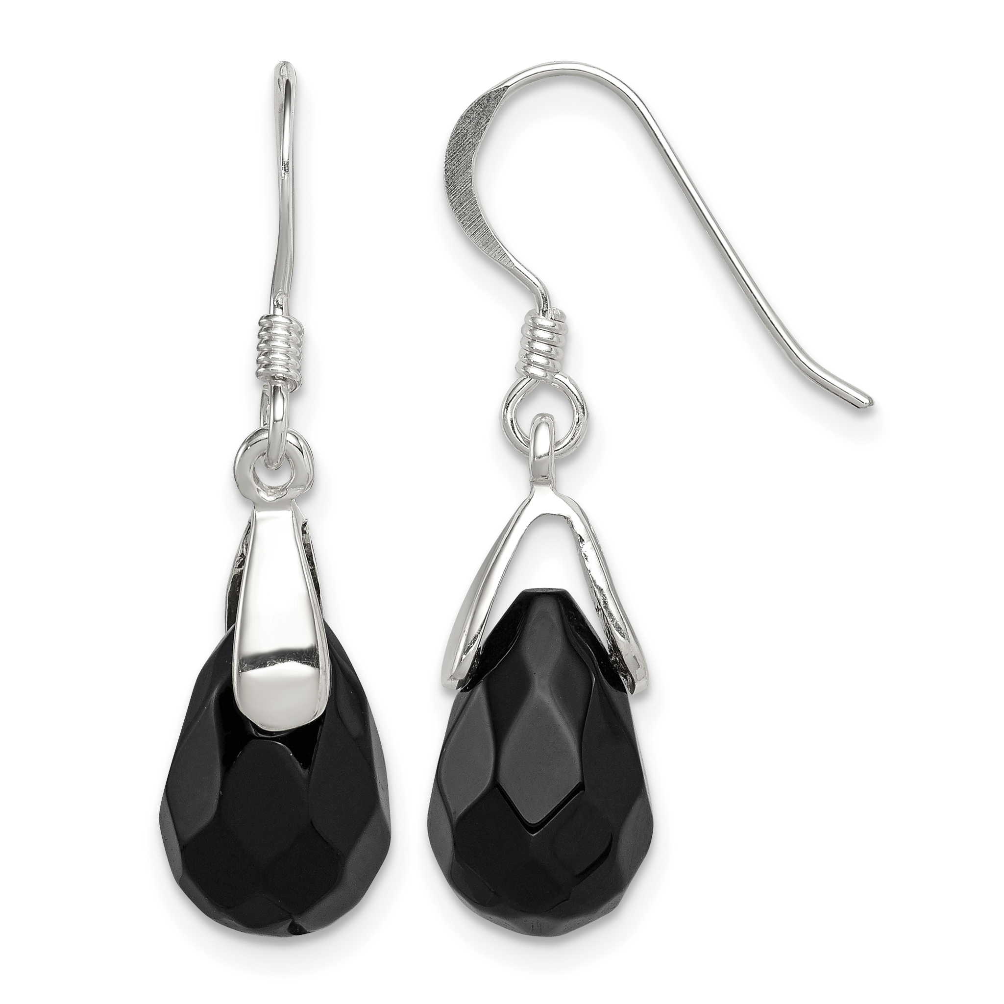 Sterling Silver Polished Faceted Onyx Teardrop Dangle Earrings (QE2894)