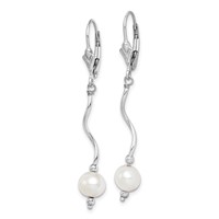 Sterling Silver Rhodium-plated 6-7mm White Semi-Round Freshwater Cultured Pearl Leverback Dangle Earrings view 2