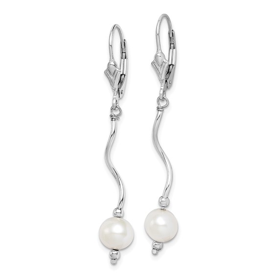 Sterling Silver Rhodium-plated 6-7mm White Semi-Round Freshwater Cultured Pearl Leverback Dangle Earrings