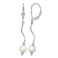 Sterling Silver Rhodium-plated 6-7mm White Semi-Round Freshwater Cultured Pearl Leverback Dangle Earrings view 1