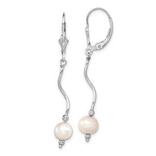 Sterling Silver Rhodium-plated 6-7mm White Semi-Round Freshwater Cultured Pearl Leverback Dangle Earrings