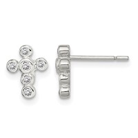 Sterling Silver Rhodium-plated Polished Bezel CZ Cross Petite Post Earrings view 1