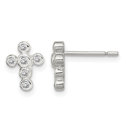 Sterling Silver Rhodium-plated Polished Bezel CZ Cross Petite Post Earrings