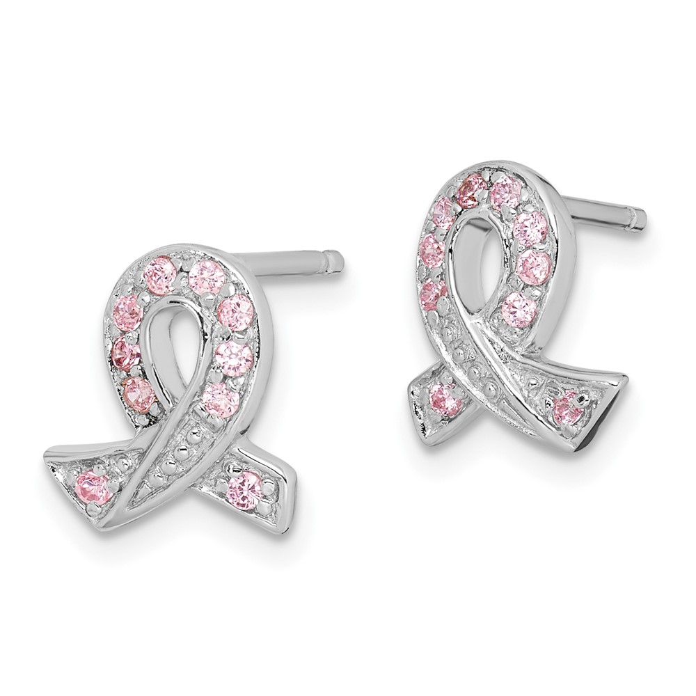 Sterling Silver Rhodium-plated Pink CZ Ribbon Earrings (QE3115)