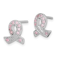 Sterling Silver Rhodium-plated Pink CZ Ribbon Earrings view 2