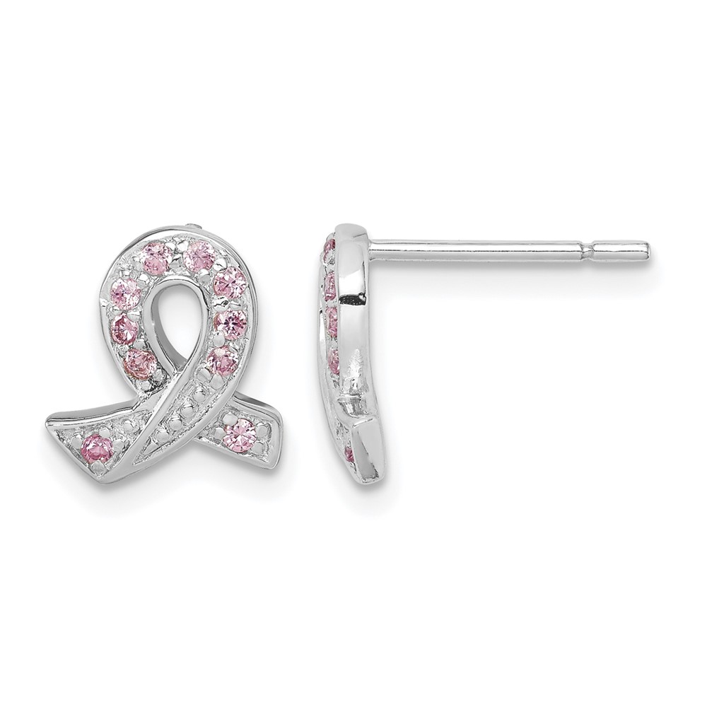 Sterling Silver Rhodium-plated Pink CZ Ribbon Earrings (QE3115)