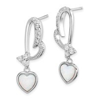 Sterling Silver Rhodium Plated Created Opal and CZ Heart Earrings view 2