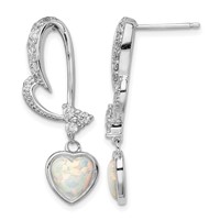 Sterling Silver Rhodium Plated Created Opal and CZ Heart Earrings view 1