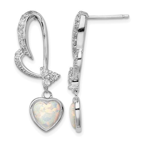 Sterling Silver Rhodium Plated Created Opal and CZ Heart Earrings