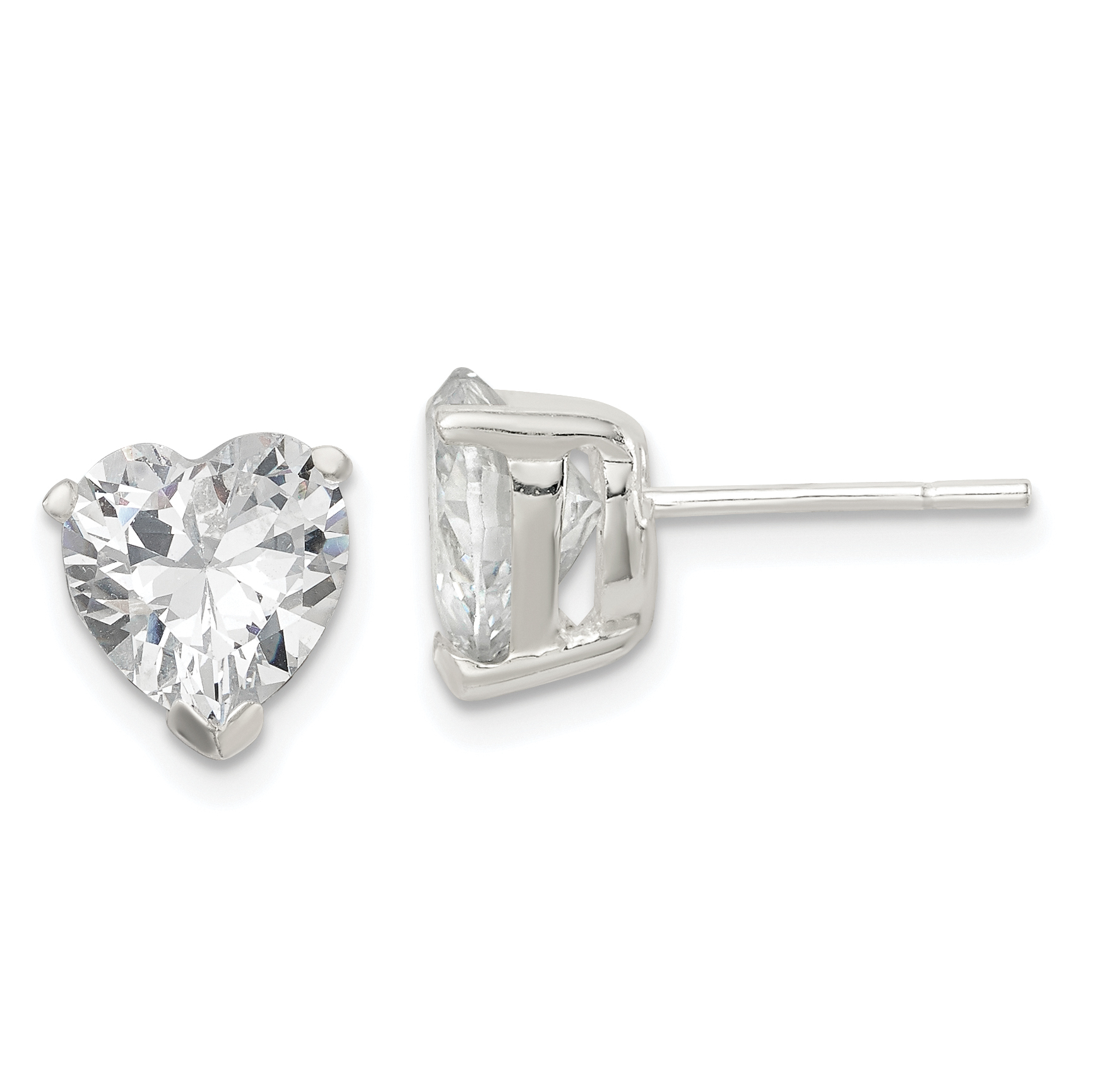 Sterling Silver Polished 8mm Heart 3 Prong Basket Set CZ Stud Earrings (QE3160)