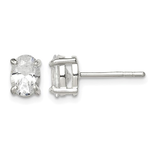 Sterling Silver Polished 5x 7mm Oval Basket Set CZ Stud Earrings