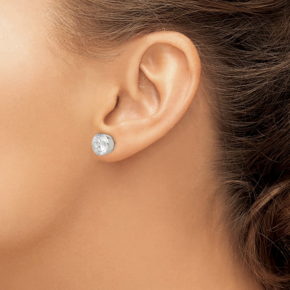 Sterling Silver Polished 9mm Round CZ Bezel Set Stud Earrings (QE3177)