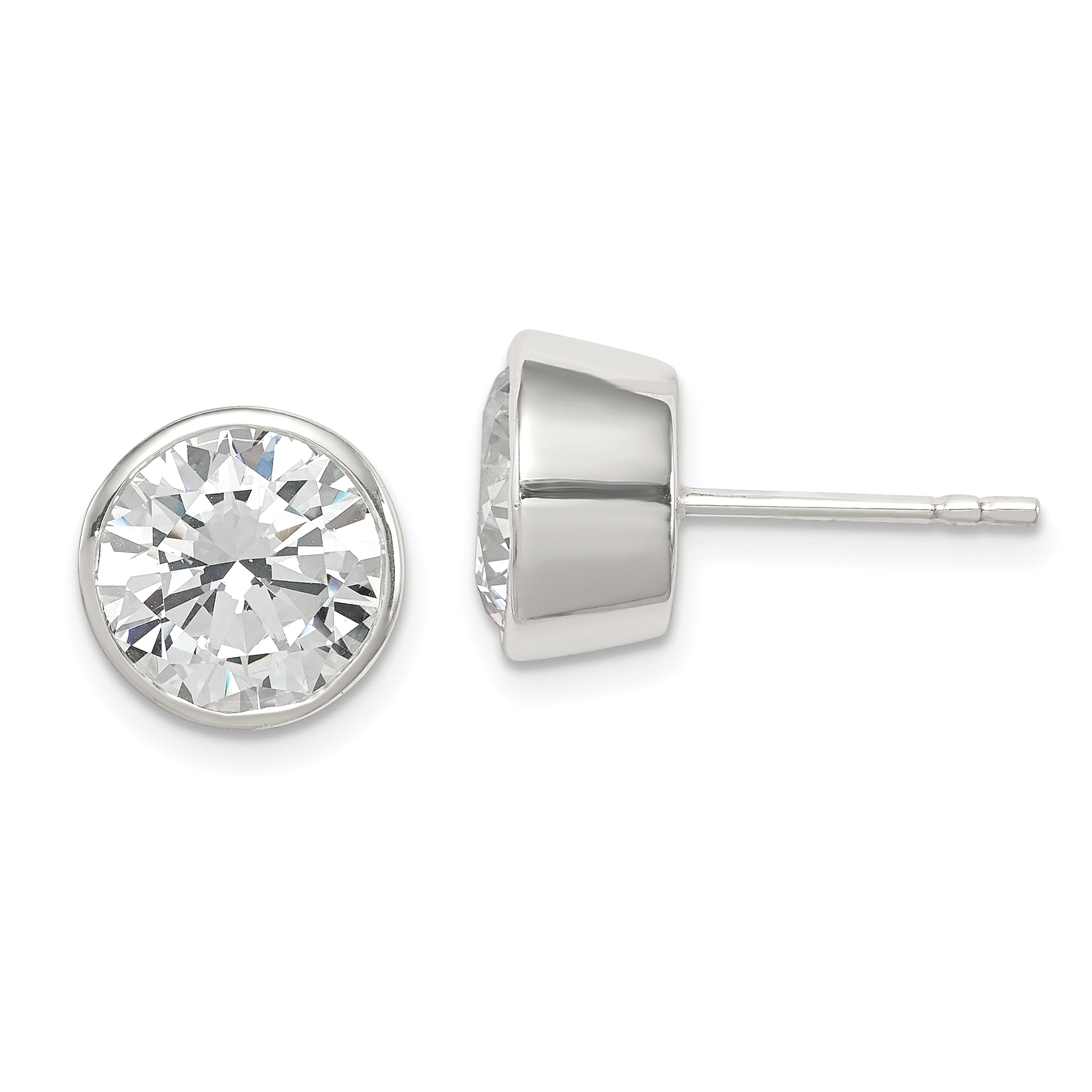 Sterling Silver Polished 9mm Round CZ Bezel Set Stud Earrings (QE3177)