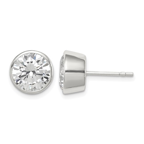 Sterling Silver Polished 9mm Round CZ Bezel Set Stud Earrings