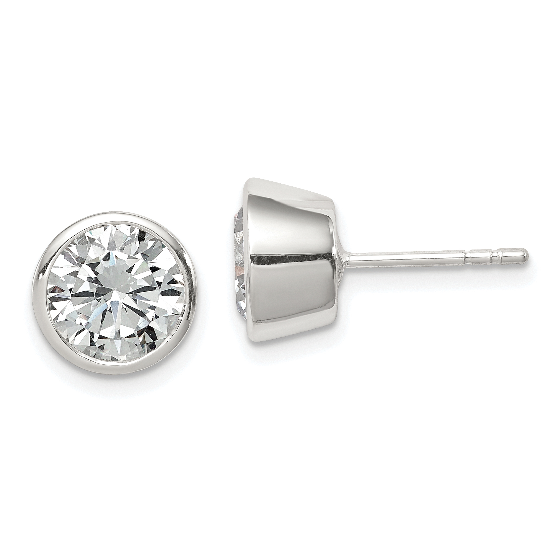 Sterling Silver Polished 8mm Round CZ Bezel Set Stud Earrings (QE3178)