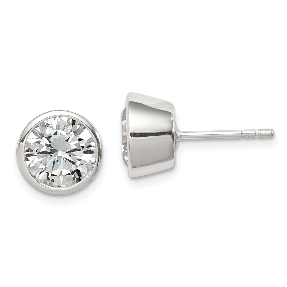 Sterling Silver Polished 8mm Round CZ Bezel Set Stud Earrings (QE3178)
