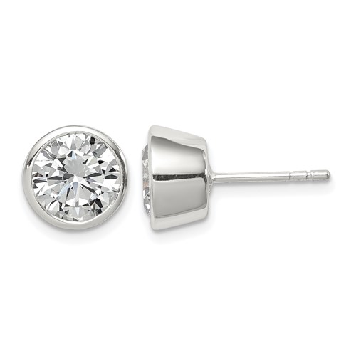 Sterling Silver Polished 8mm Round CZ Bezel Set Stud Earrings