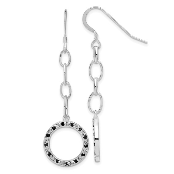 Sterling Silver Fancy Black & Clear CZ Circle Dangle Earrings