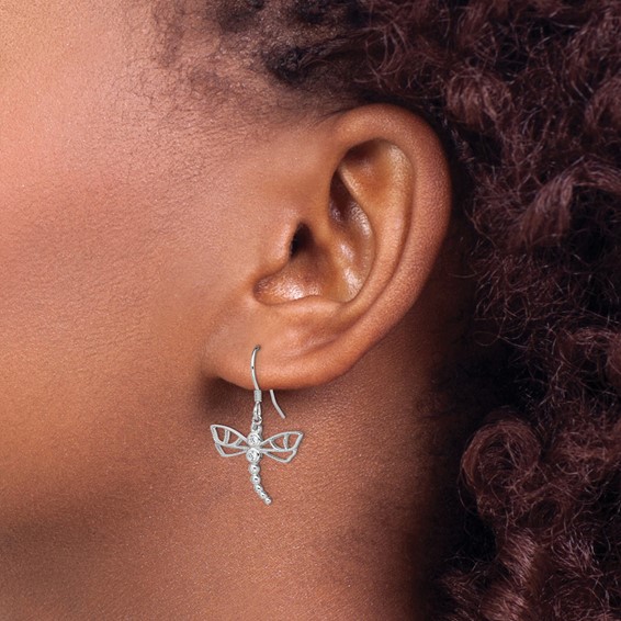 Sterling Silver Rhodium-plated CZ Dragonfly Earrings
