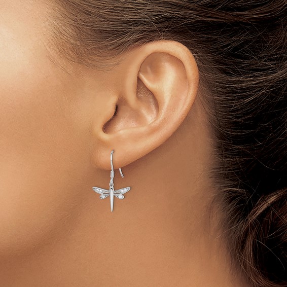Sterling Silver Rhodium-plated Polished CZ Dragonfly Earrings